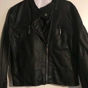 Black faux leather bomber jacket